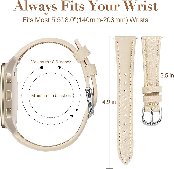 18mm Slim Leather Band Compatible with Garmin Venu 3S 41mm/Venu 4 41mm/Venu 2S/Vivoactive 4S/Vivomove 3S/Forerunner 255S/Forerunner 265S, Quick Release Thin Narrow Soft Strap for Women Men
