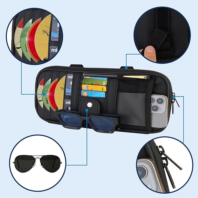 Car Visor Organizer CD Holder, Faux Leather Multi-Pocket Organizer Storage for Car/SUV/Truck with 13 CD Storage Sleeves, Sunglass Clip, Card Holder, CD Case Holder, Visor Accessories