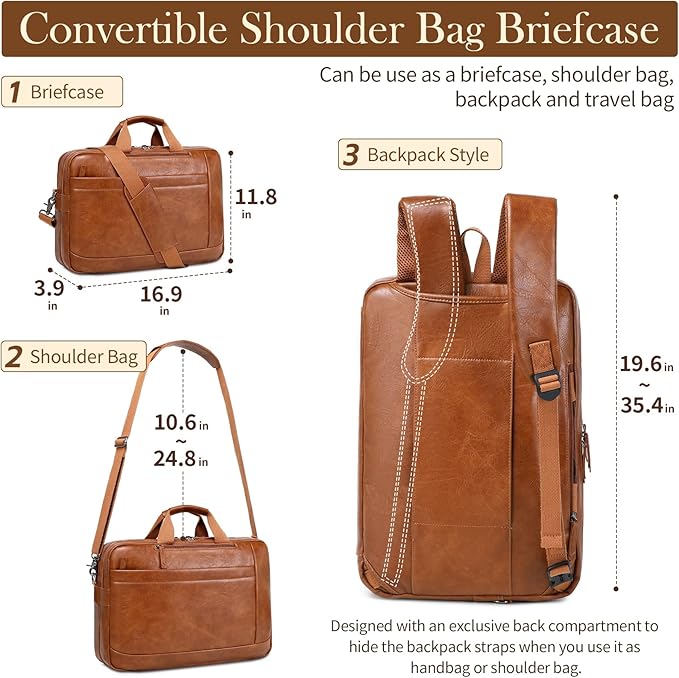 Faux Leather Messenger Bag for Men | 17-17.3 Inch Leather Mens Laptop Bag Leather Briefcasen Convertible Backpack 3 in 1 Computer Handbags Work Bag Shoulder Crossbody Bag Office | Vintage Brown