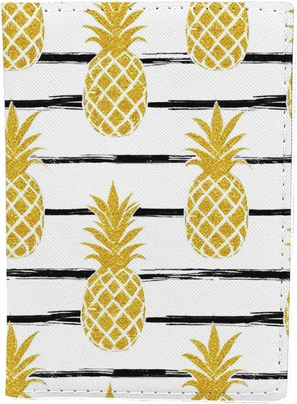 Gold Pineapple Passport Holder for Travel Art Black Line PU Leather Passport Cover Wallet Cute Passport Card Holder for Women and Men