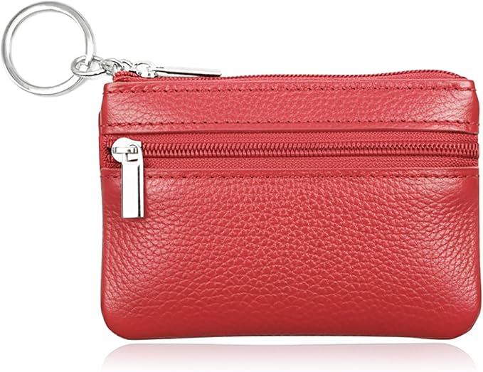 Hibate Red Small Leather Coin Purse Change Pouch for Women Men Kids with Zip Key Ring