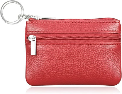 Hibate Red Small Leather Coin Purse Change Pouch for Women Men Kids with Zip Key Ring