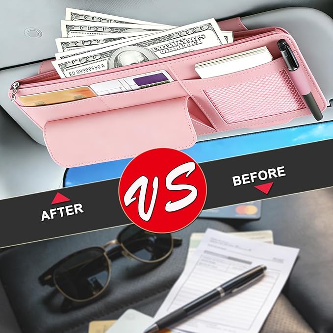 Car Visor Organizer - Sun Visor Storage with Sunglasses Holder,Visor Document Holder and Card Clip Leather Car Interior Accessory Fit for Truck SUV Vehicle