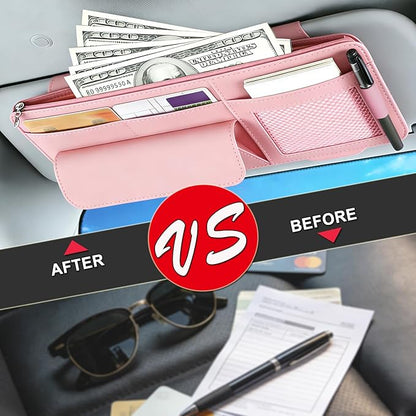 Car Visor Organizer - Sun Visor Storage with Sunglasses Holder,Visor Document Holder and Card Clip Leather Car Interior Accessory Fit for Truck SUV Vehicle