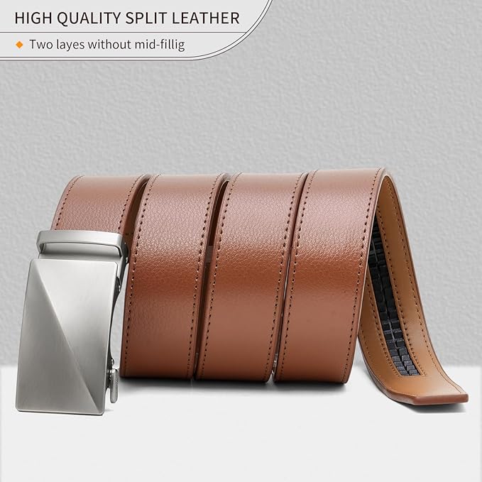 SENDEFN Men's Leather Belt Automatic Ratchet Buckle Slide Belt for Dress Casual Trim to Fit with Gift Box
