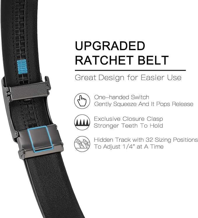 SENDEFN Men's Leather Belt - Automatic Ratchet Slide Buckle, Easy Trim-to-Fit Function, Packaged with Gift Box