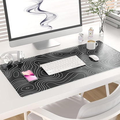 Colorful Star Large Mouse Pad, Black Topographic Desk Mat Office Supplies, Waterproof Faux Leather Big Gaming Mousepad, Black Topography Map Desk Pad Home Office Décor Accessories 31.5" x 15.7"