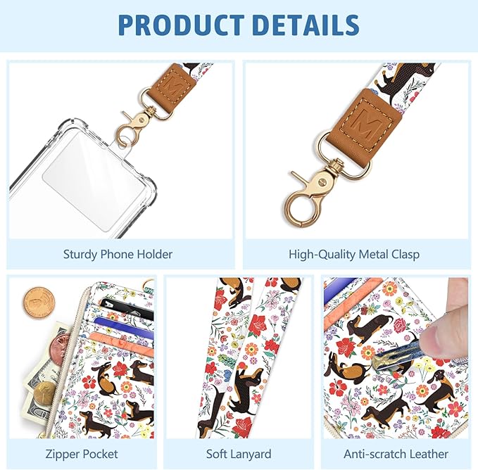 Dachshund Lanyard Wallet with ID Badge Holder, Flower Small RFID Wallet Women Keychain Wristlet, Slim Credit Card Holder with Zipper Pocket Phone Lanyard Wrist Strap Name Tag Woman Office Teacher Gift