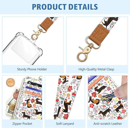 Dachshund Lanyard Wallet with ID Badge Holder, Flower Small RFID Wallet Women Keychain Wristlet, Slim Credit Card Holder with Zipper Pocket Phone Lanyard Wrist Strap Name Tag Woman Office Teacher Gift