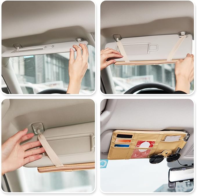 Boao 2 Packs Car Sun Visor Organizer, Sunglasses Holders for Car Sun Visor PU Auto Interior Accessories Storage Travel Document Holder with Multi Pocket (Beige, 12.2 x 6.1 Inches)