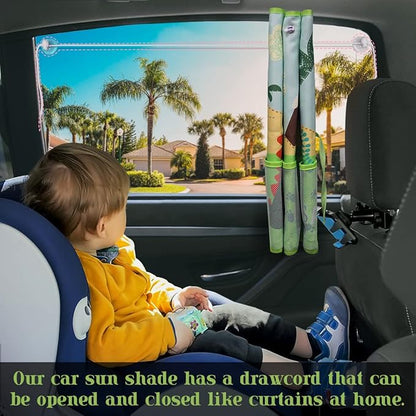 DIZA100 Car Window Shade for Baby, 2 Pack Car Sun Shades with Storage Pockets Car Window Curtain 7 Suction Cups Dinosaurs Pattern for Sun/Heat/UV Rays Protection