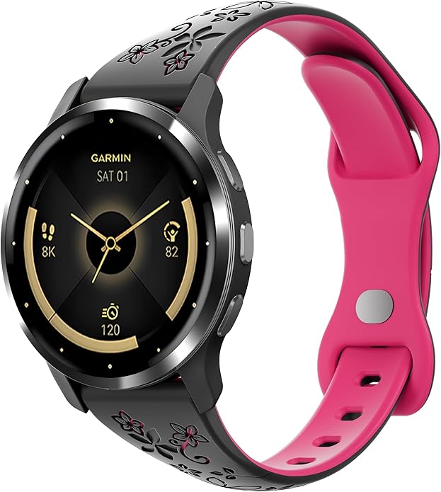 Laband 18mm Floral Engraved Band Compatible With Garmin Venu 3S 41mm/Venu 2S/Vivoactive 4S/Vivomove 3S/Venu 4 41mm/Forerunner 255S/Forerunner 265S,Soft Slim Silicone Cute Embossed Flower Strap for Men