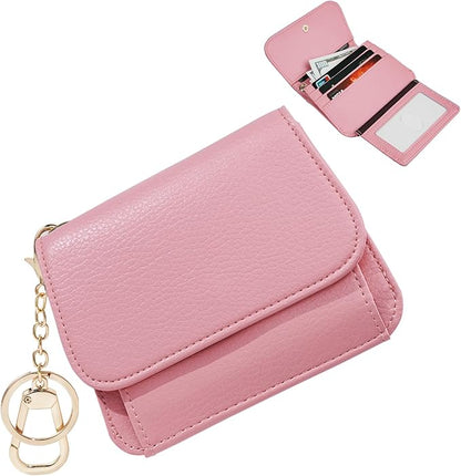 Women Small Wallet RFID Blocking Slim Wallet with Coin Pocket Tri-Fold Credit Card Holder with ID Window and Keychain(Pink)