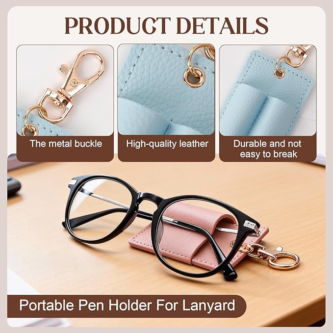 4PCS Double Hole Pen Holder for Lanyard, Anti-Lost PU Leather Lanyard Pen Clip for Badge Keychain, Pocket Pencil Pen Keychain for Nurses Courier Clerk Office (Pink Beige White Blue)