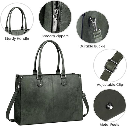 LOVEVOOK Laptop Tote Bag for Women, 15.6 Inch Large Capacity Vintage Leather Work Computer Bag, Business Casual Shoulder Handbag, Dark Green
