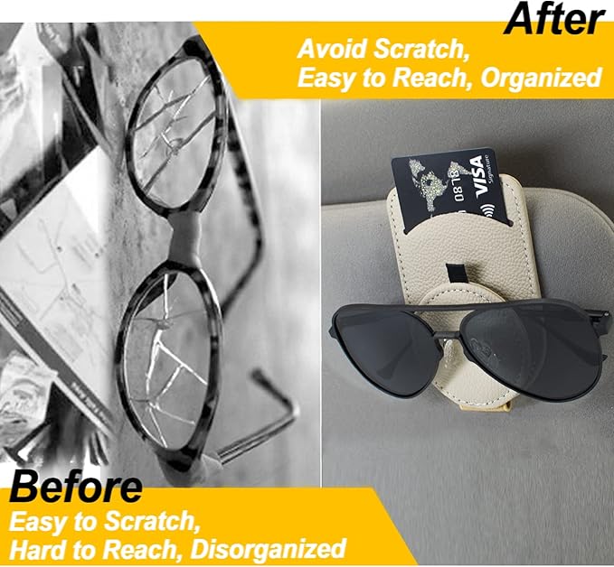 Sunglass Holder for Car Visor, Magnet Adsorbed Sunglasses Holder for Car Accessories Parts, Leather Car Sunglass Holder, Car Visor Sunglasses Clip for Glasses Cards (1PCS, Beige)