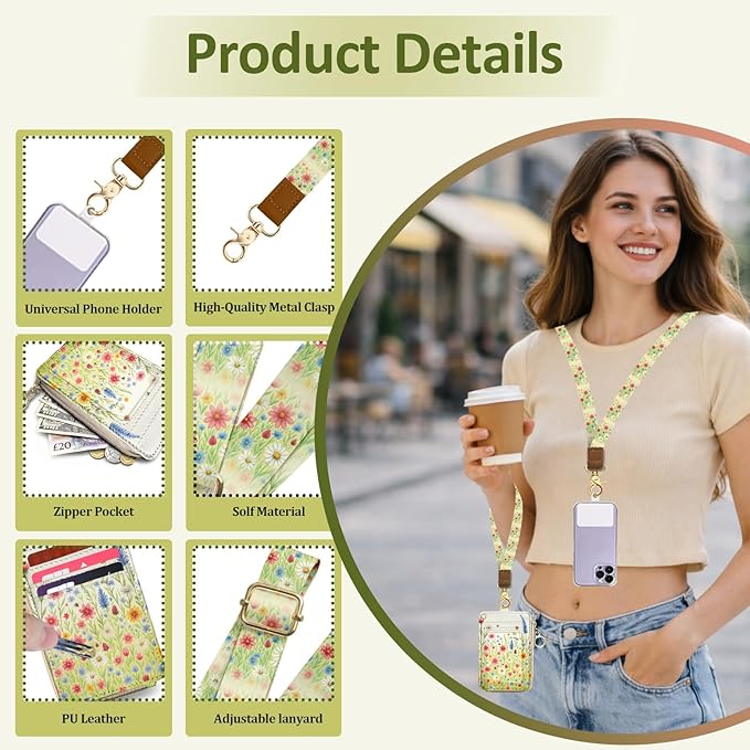 Floral Lanyard Wallet, PU Leather Lanyards for ID Badges, RFID Blocking, ID Badge Holder with Zipper Pocket Detachable Phone Lanyard Keychain Wristlet for Office School Business