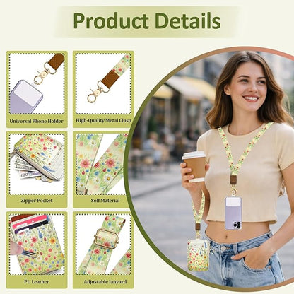 Floral Lanyard Wallet, PU Leather Lanyards for ID Badges, RFID Blocking, ID Badge Holder with Zipper Pocket Detachable Phone Lanyard Keychain Wristlet for Office School Business
