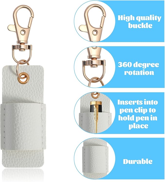 2pcs Lanyard Pen Holder, Anti-Lost Leather Badge Pens Holder, Portable Pen Holder Keychain for Nurses, Courier, Clerk Office (White)