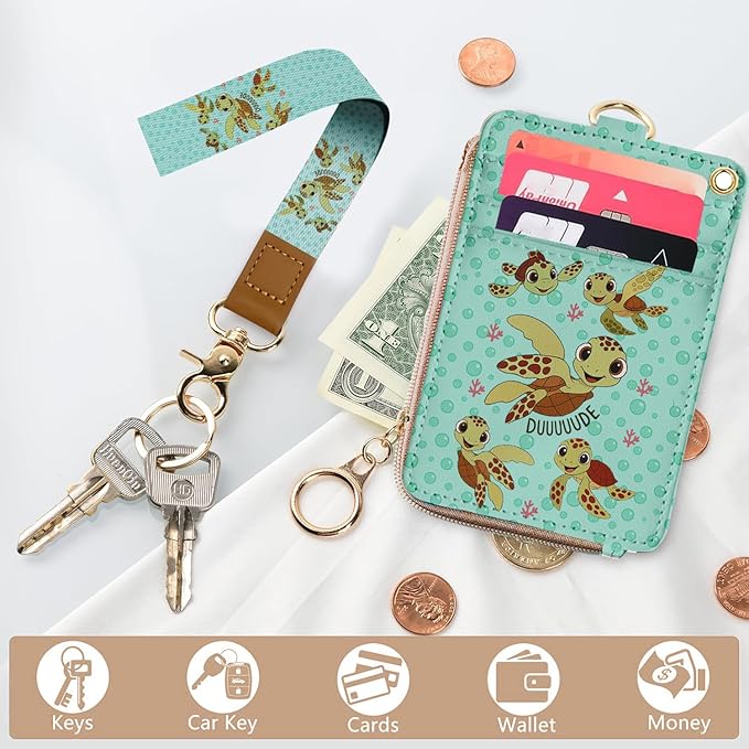 bolimoss Turtle Lanyard Wallet with ID Badge Holder,Cute RFID Leather Wristlet Keychain Lanyard with Zipper Pocket Detachable Neck Lanyard Phone Holder Keyring, Name Tag Holder for Students Teacher