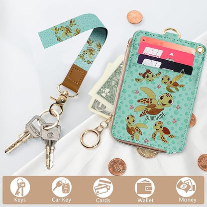 bolimoss Turtle Lanyard Wallet with ID Badge Holder,Cute RFID Leather Wristlet Keychain Lanyard with Zipper Pocket Detachable Neck Lanyard Phone Holder Keyring, Name Tag Holder for Students Teacher