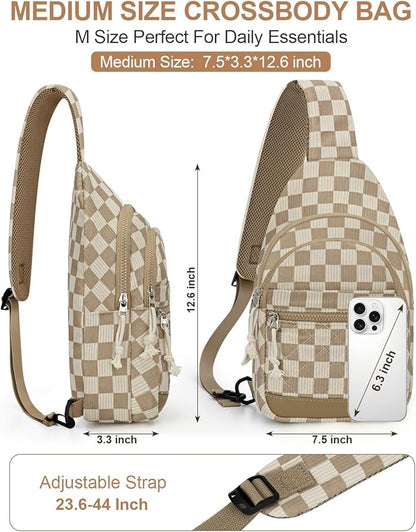 Capolo Sling Bag for Women Men Waterproof Crossbody Bags for Women Trendy Casual Fanny Pack with Convertible Shoulder Strap Chest Bag for Travel Hiking(Khaki Checkerboard, Medium)