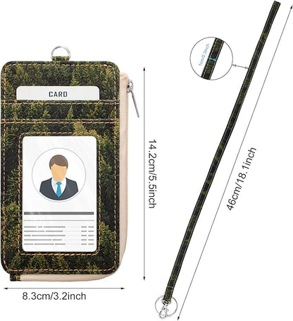 Badge Holder with Zipper - Boshiho Natural Cork ID Badge Card Holder Wallet with 18" Neck Lanyard, 5 Card Slots Vertical Style (Forest Pattern)