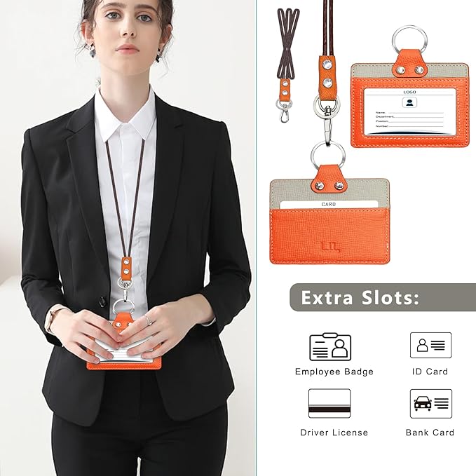 Badge Holder: Boshiho Cowhide Leather ID Badge Card Holder with 19" Neck Lanyard, Horizontal Style (Orange)
