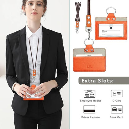 Badge Holder: Boshiho Cowhide Leather ID Badge Card Holder with 19" Neck Lanyard, Horizontal Style (Orange)