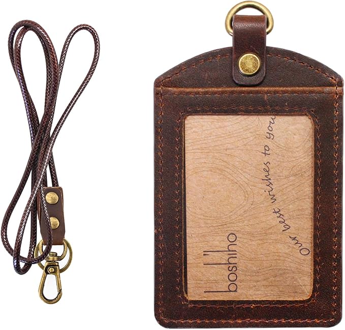 Badge Holder: Boshiho Cowhide Leather ID Badge Card Holder with 19" Neck Lanyard, Vertical Style (Dark Brown)