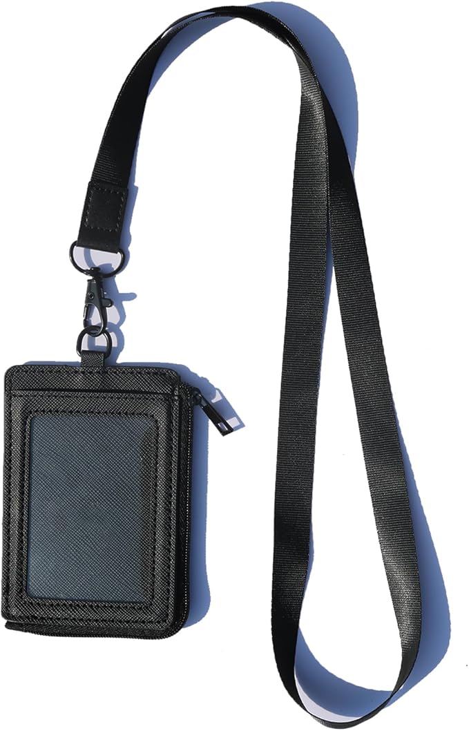2-in-1 ID Badge Holder & Elastic Card Holder Wallet,Minimalist Men & Women Zip Card Holder Wallet with Neck Lanyard,3 Card Slots and 1 Side Zipper Pocket (Black-B)