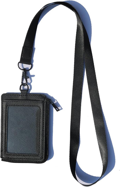 2-in-1 ID Badge Holder & Elastic Card Holder Wallet,Minimalist Men & Women Zip Card Holder Wallet with Neck Lanyard,3 Card Slots and 1 Side Zipper Pocket (Black-A)