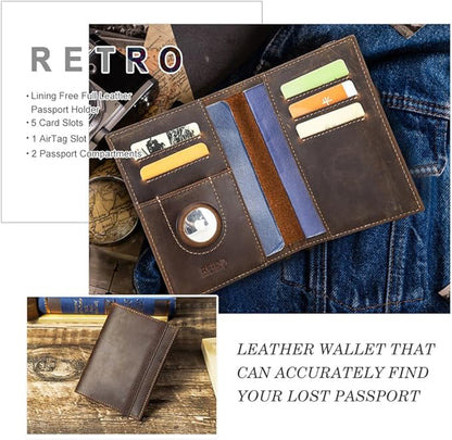 CONTACTS Full Grain Leather Passport Holder for 2 RFID Blocking Travel Passport Wallet Compatible with Airtag Passport Cover Case for 2 Passports with 5 Card Slots