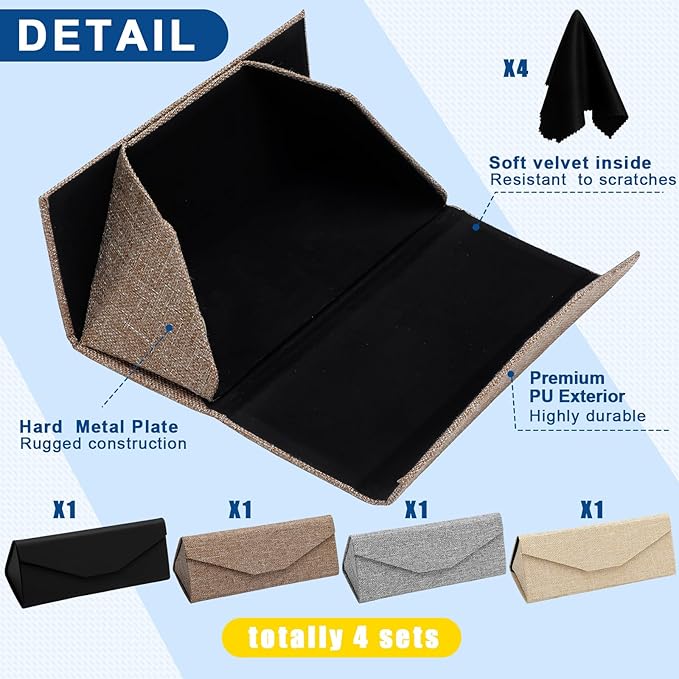 Flutesan 4 Pack Foldable Glasses Sunglasses Case PU Hard Shell Collapsible Eyeglasses Leather Case 4 Cleaning Cloths
