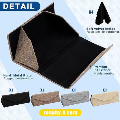 Flutesan 4 Pack Foldable Glasses Sunglasses Case PU Hard Shell Collapsible Eyeglasses Leather Case 4 Cleaning Cloths