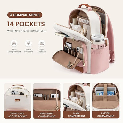 LOVEVOOK Laptop Backpack for Women with Pouch Pocket for Large Capacity Cup,18 Inch Teacher Nurse College Work Backpack Purse,Waterproof Laptop Bag Computer Carry on Back Pack for Travel, Light Pink