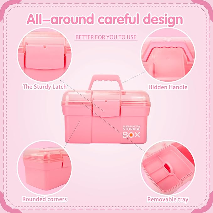 TERGOO 11in Mutipurpose Storage Box Organizer with Removable Tray, Portable Small Craft Organizer with Handle, Plastic Clear Tool Box Art Case for Makeup, Sewing, Nail, Hair Accessories (Pink)