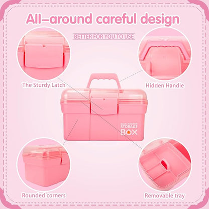 TERGOO 11in Mutipurpose Storage Box Organizer with Removable Tray, Portable Small Craft Organizer with Handle, Plastic Clear Tool Box Art Case for Makeup, Sewing, Nail, Hair Accessories (Pink)
