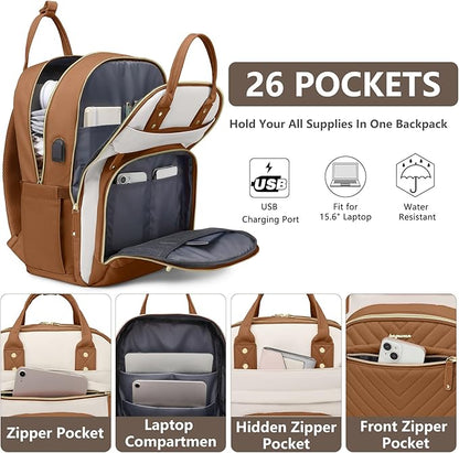 Laptop Backpack for Women Work Bookbag: 15.6 Inch College Backpacks with USB Charger School Book Bag Waterproof Travel Computer Back Pack Anti-Theft Casual Bookbags for Girls Teacher Nurse Beige Brown