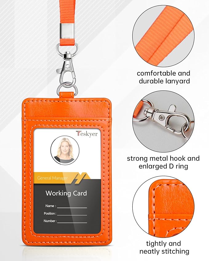 Teskyer Badge Holder with Lanyard, Leather ID Name Badge Card Holder with Lanyard for ID Badges, Vertical, Bright Orange