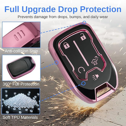 for GMC Key Fob Cover - TPU Key Shell Case Protector Compatible with Chevy Silverado and GMC Sierra 1500 2500HD 3500HD 5 Buttons Smart Remote Key, Pink