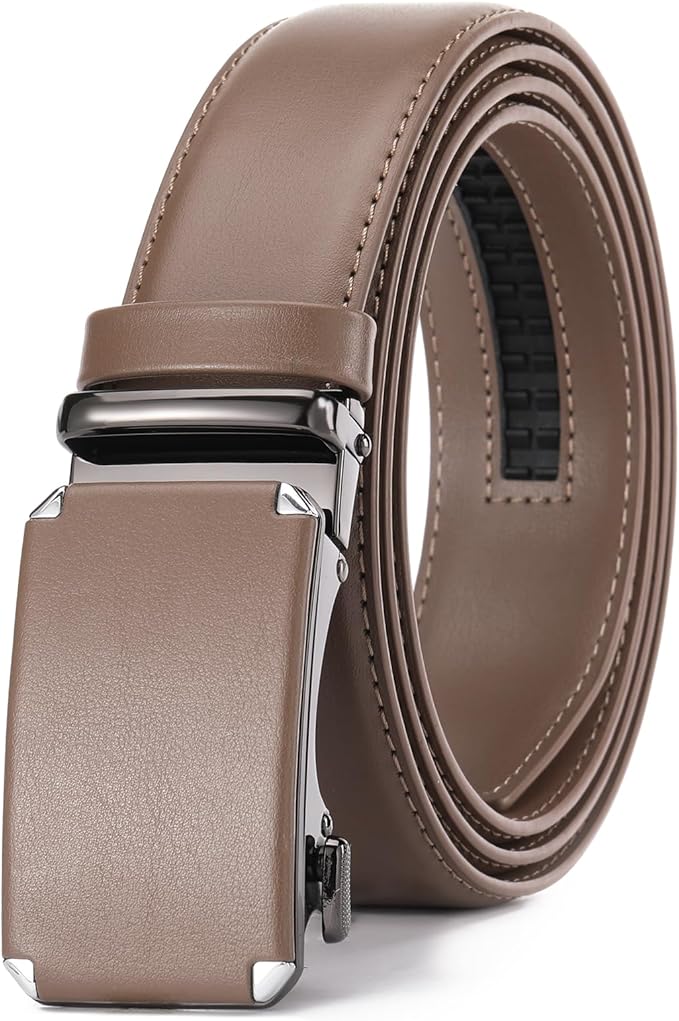 GAEKEAO Ratchet Belts for Men Dress Casual 1 3/12" Adjustable Genuine Leather Slide Buckle Designer Belt with Box Trim to Fit