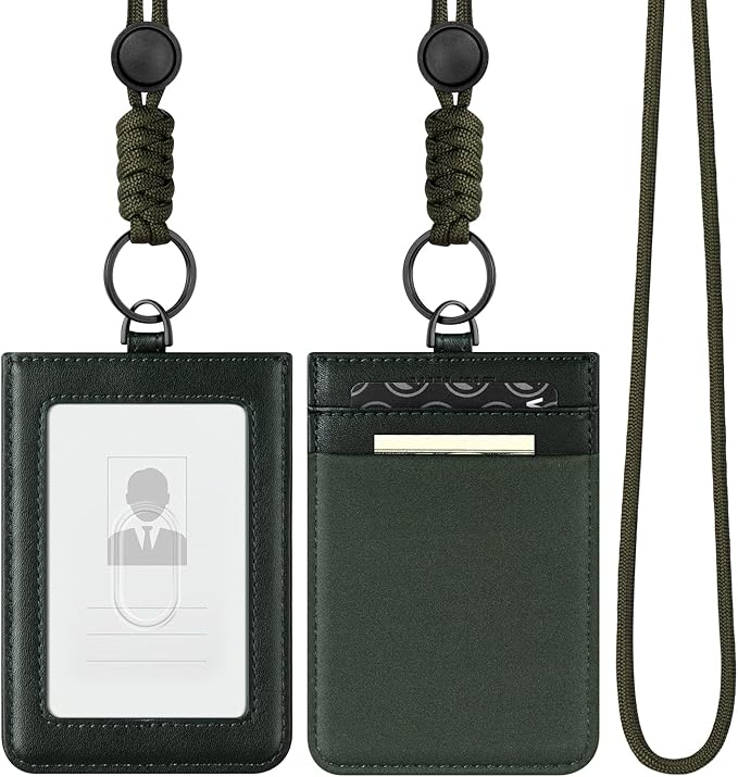 VULKIT ID Badge Holder with Lanyard for Women and Men Vertical Leather Badge Holder with Clear ID Window Card Holder Slot and Money Pocket Royal Green