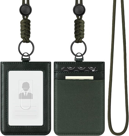 VULKIT ID Badge Holder with Lanyard for Women and Men Vertical Leather Badge Holder with Clear ID Window Card Holder Slot and Money Pocket Royal Green