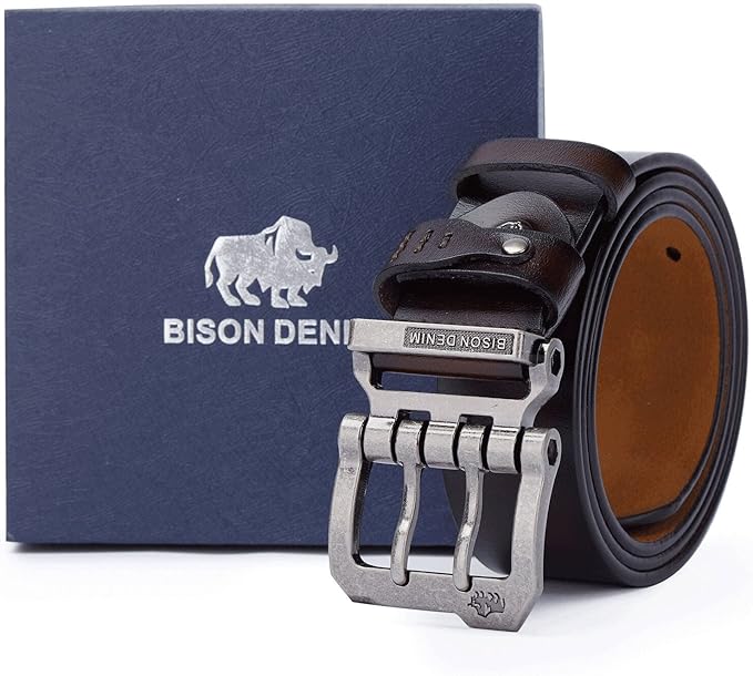 BISON DENIM Men's Belts Leather Dress Genuine Leather Classic Heavy Duty Buckle Belt Casual for Jeans