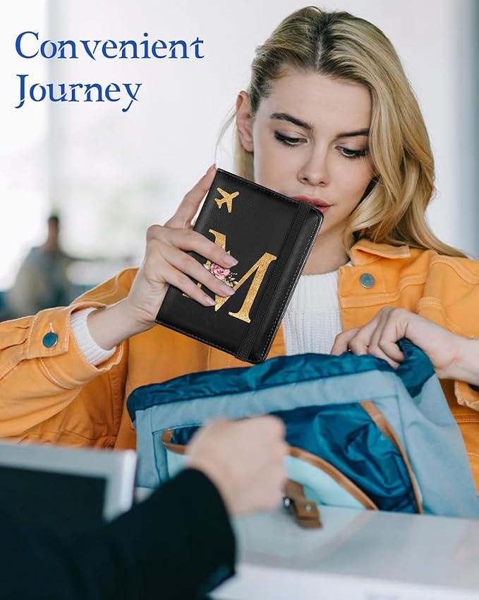Slohif Initial Passport Holder Cover Wallet Case for Travel Women - Leather Letter Passport Book Family Multiple Personalized Organizer Card Slots Protector Sleeve Essentials Slim Carrier Black M