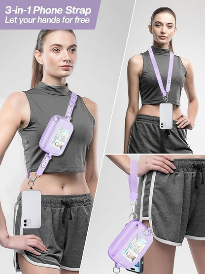 Tiostep Clip and Go Strap for Phone with Wallet Crossbody Phone Lanyard Adjustable and Detachable RFID Wristlet Wallet with ID Window and Zipper, Purple