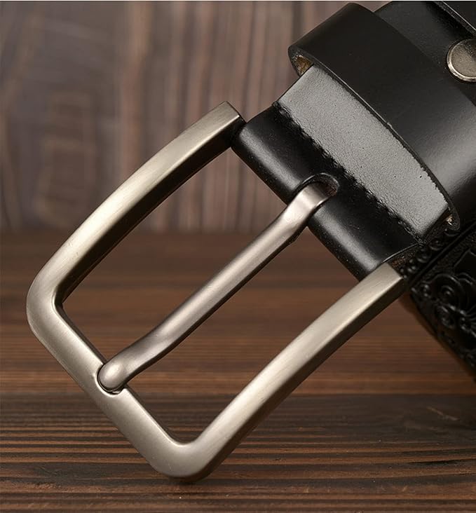 Men's Casual Genuine Leather Jeans Belts Vintage Leather Engraved Strap with Single Prong Buckle
