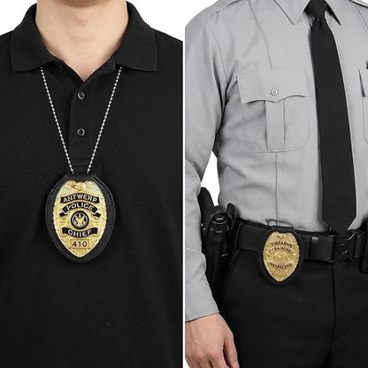 Universal PU Police Badge Holder with Neck Chain and Belt Clip, Heavy Duty Leather ID Case for Oval Shield Law Enforcement Security Badges, Neck Hanging Badge Holder for Detective, Constable