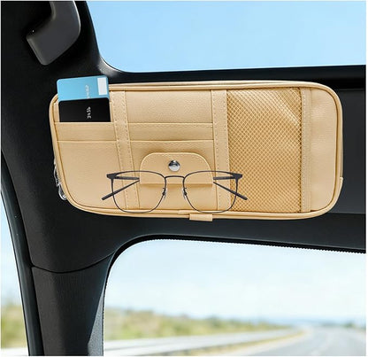 Car Sun Visor Organizer, Multi-Pocket Leather Auto Storage Pouch with Glasses Clip & Zippers, Multifunctional Sun Visor Storage Bag Ticket Organizer for Cars Trucks SUVs (Beige)